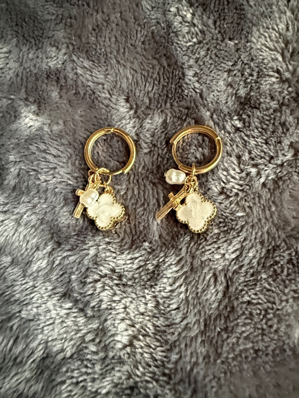 Gold Tone Floral Charm Hoop Earrings with Ivory Accents